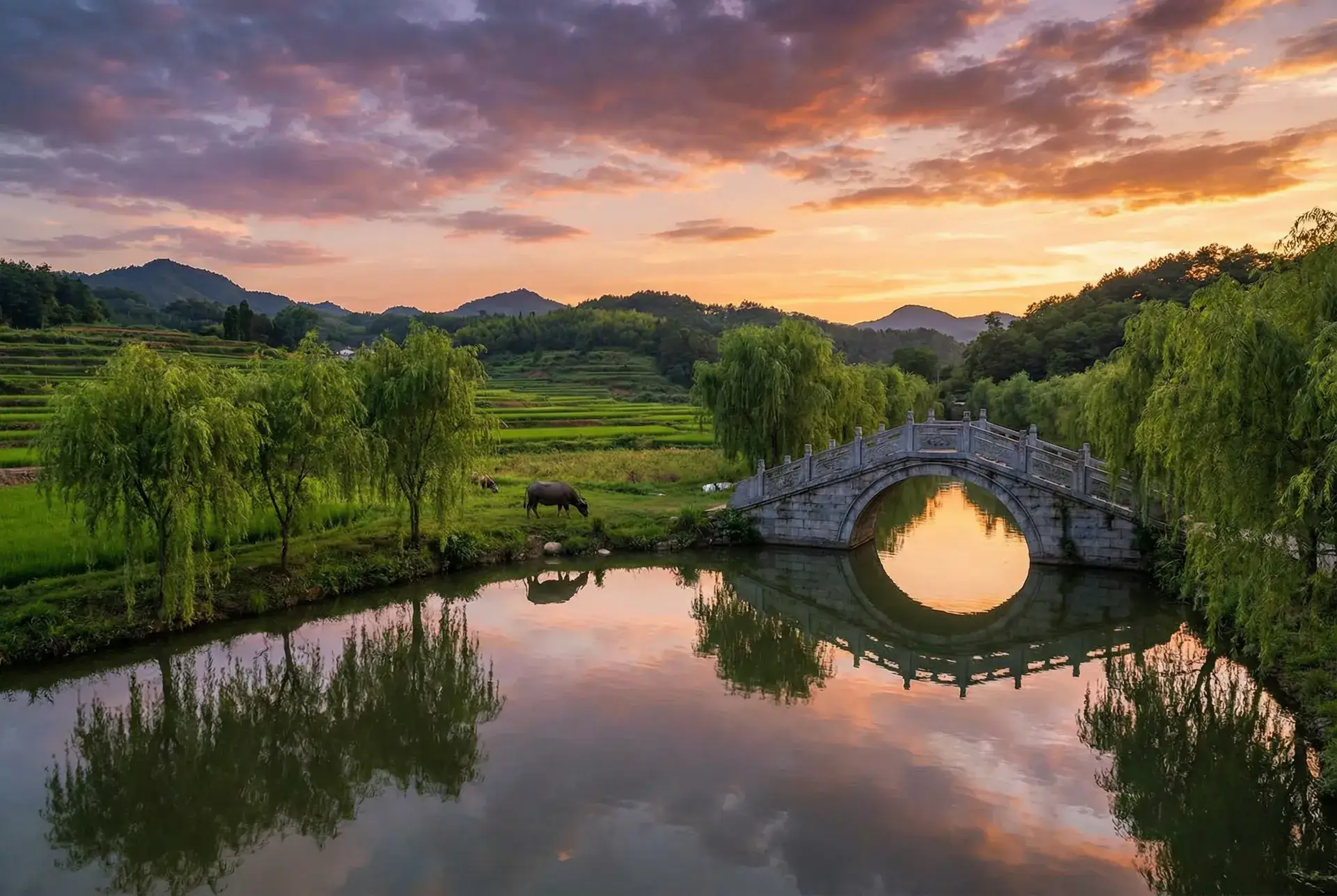 夕阳下的石拱桥与垂柳，水牛在河边吃草 - 试看免费120秒动态 乡村美景